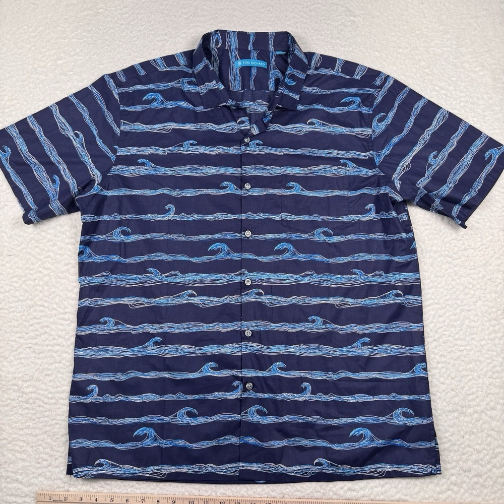 Tori Richard‎ Hawaiian Shirt Mens XL Blue Wave Print Cotton Lawn Aloha USA